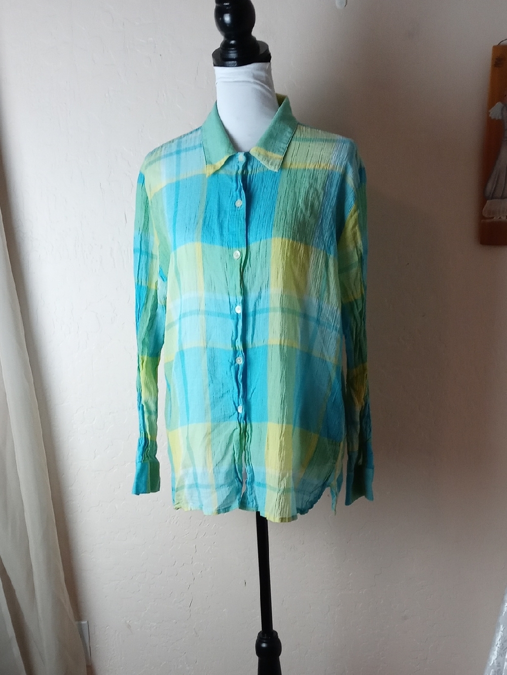 Liz Claiborne Aqua and Lime Plaid Button-Down Shirt